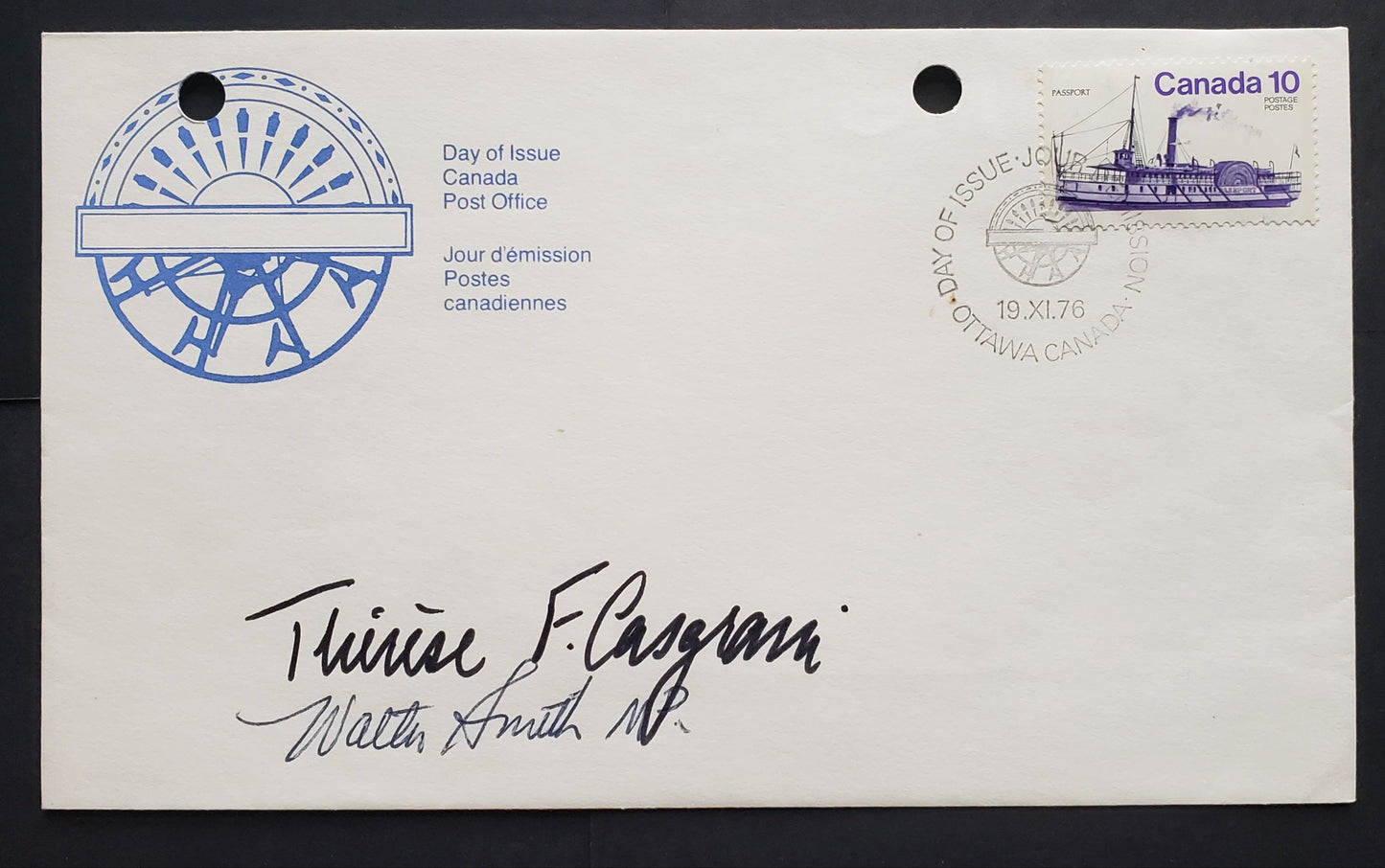 Lot 284 Canada #701 10c Violet & Black Passport 1976 Inland Vessels, 1 Canada Post First Day Covers Franked With Single, DF Paper, LF Envelopes, Signed By Therese Gasgrain, Later Honored In 1985 Feminists Issue, Cat. Value $5
