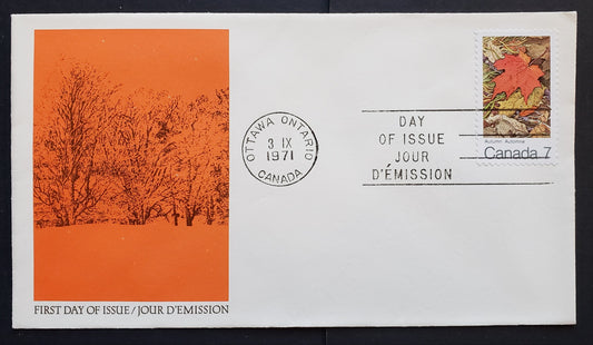 Canada #537ii 7c Multicolored Autumn 1971 Maple Leaves, A Canada Post FDC franked with a Single, Scarce HB Paper, Cat. Value $21.35