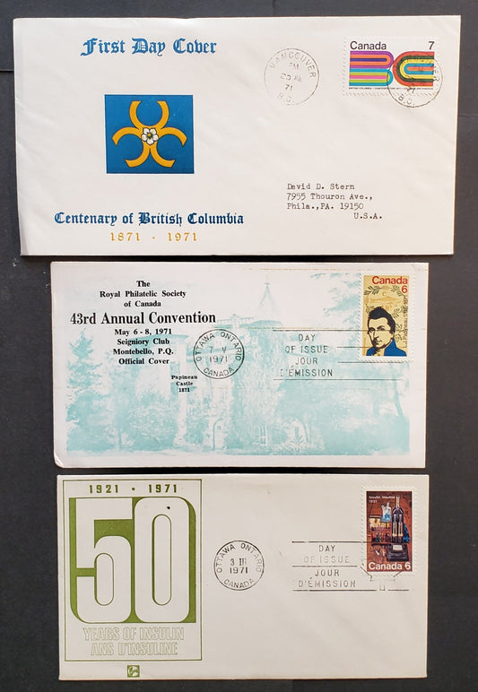 Canada #533, 539, 552 6c-7c Multicoloured Various Designs 1971 Insulin - BC Centennial, 3 Hoechst(533), Cole For RPSC(539), Unknown(552) First Day Covers Franked With Singles, HF, DF, HB Paper,  Better CachetsCat. Value $12