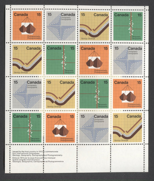 Canada #585a 15c  Multicoloured Various Designs, 1972 Earth Sciences Issue, Field Stock Sheet Of 16, HF/HF Paper, VF-84 NH, Unfolded,  Unitrade Cat. As Singles $35,