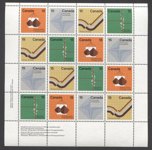 Lot 130 Canada #585a 15c  Multicoloured Various Designs, 1972 Earth Sciences Issue, LL Philatelic Stock Sheet Of 16, HF/HF Paper, VF-84 NH, Unfolded,  Unitrade Cat. As Singles $35,