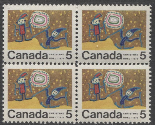 Lot 322 Canada #522i 5c Multicolored Children Skiing, 1970 Christmas, A VFNH Block Of 4 On Ribbed HB 11 Paper, Perf 11.9 x 11.95
