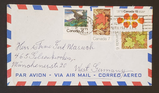 Lot 130 Canada #532, 536-537, 541 6c-15c Multicolored Various Subjects 1971 Commemoratives, 1 Covers Franked With Combo, Int'l Airmail To West Germany Sent December 21St, 1971, Cat. Value $6