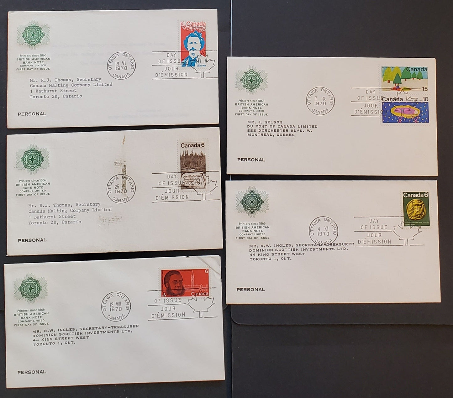 Canada #505-507, 508-517, 529-531 6c-25c Multicoloured Various Designs 1970 Manitoba Centennial,Smith Issues, 11 British American Bank Note First Day Covers Franked With Singles, DF, HF, HB Paper,  Cat. Value $34