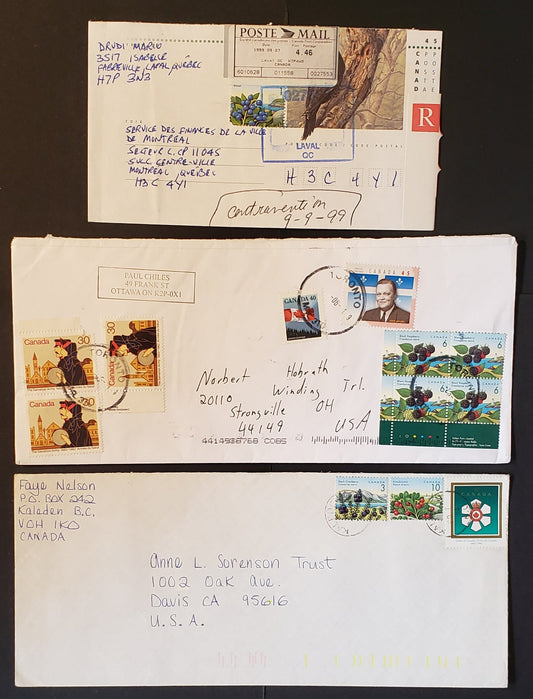 Canada #1349i, 1351, 1353-1354 1c/10c Edible Berries Combination Usage as Make-Up Stamps on Domestic and 2 USA Covers