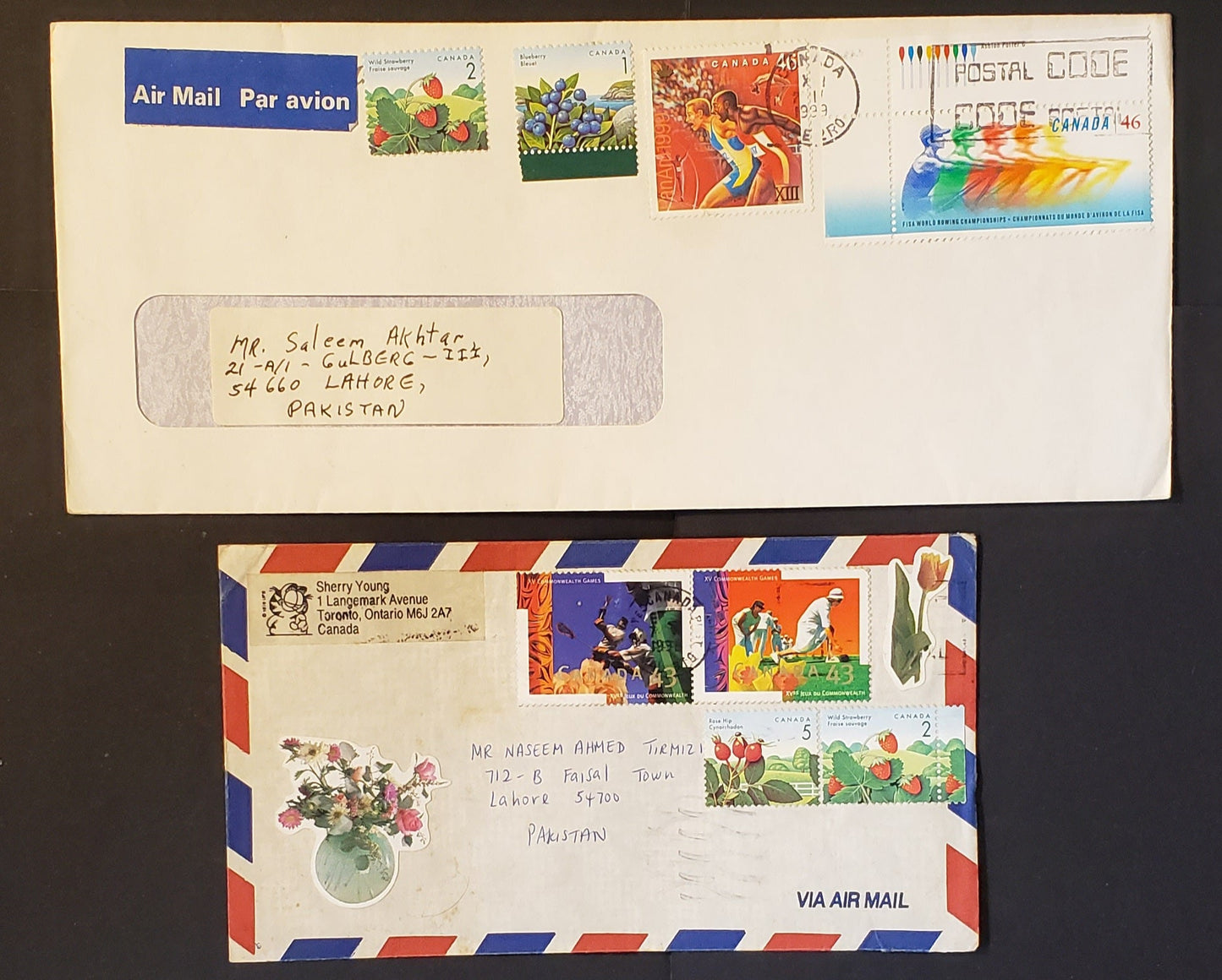 Canada #1349i, 1350-i/ii, 1352 1c, 2c, 5c Edible Berries Used As Make Up Stamps on 2 Airmail Covers to Pakistan