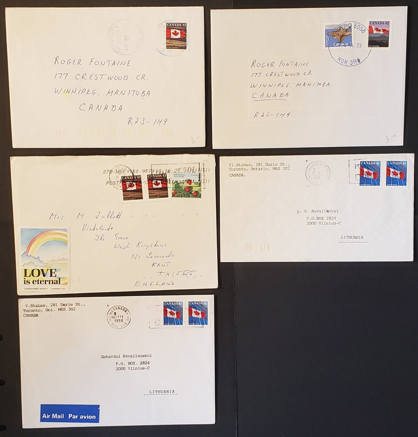 Canada #1356/1361xii 42c-45c Flag and Queen Elizabeth II Stamps, Group of 8 Domestic and Foreign Airmail Covers With A Variety of Usages