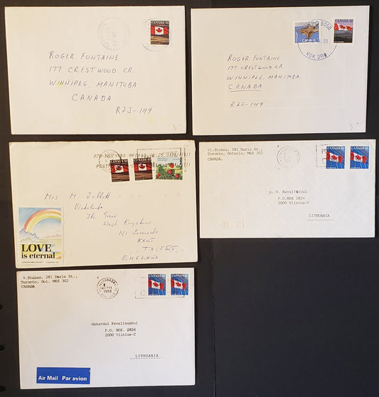 Canada #1356/1361xii 42c-45c Flag and Queen Elizabeth II Stamps, Group of 8 Domestic and Foreign Airmail Covers With A Variety of Usages