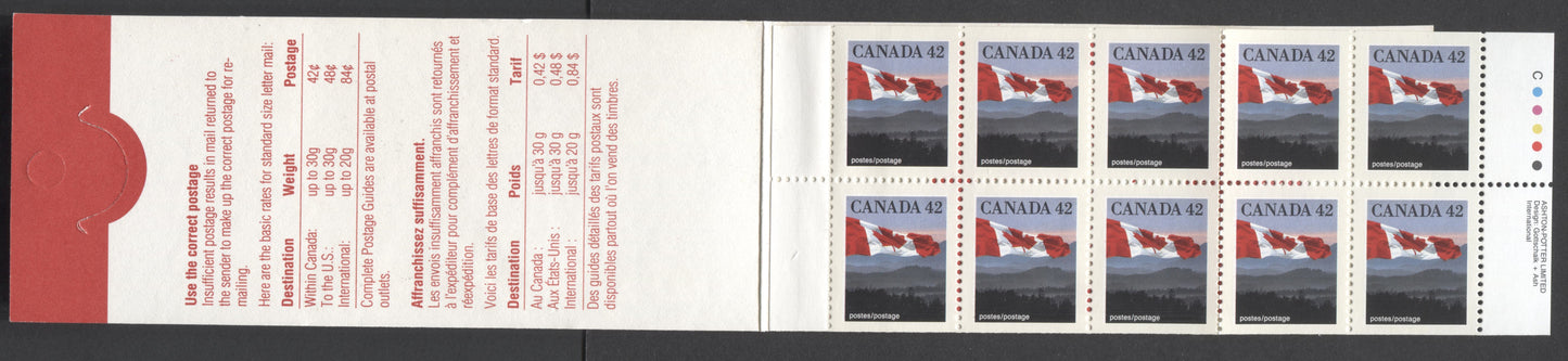 Canada #BK137b 42c Multicolored Flag And Hills, 1991 - 1992 Definitive Issues, A VFNH Pane Of 10 Booklet With Tab Inscriptions, Canada '92 Ad Inside Cover, HB Cover, $14