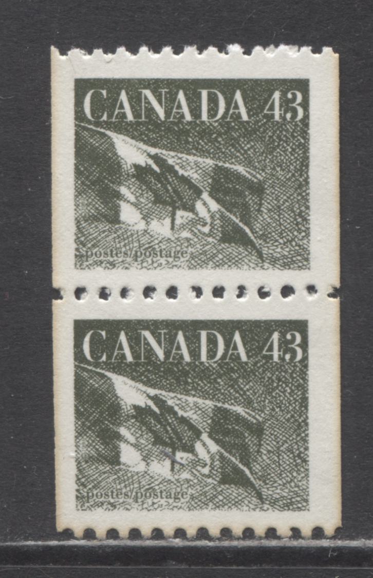 Lot 35 Canada #1394F 43c Olive Green Flags, 1992 Coil Issue, A VFNH Postal Forgery Pair With Minor Edge Toning