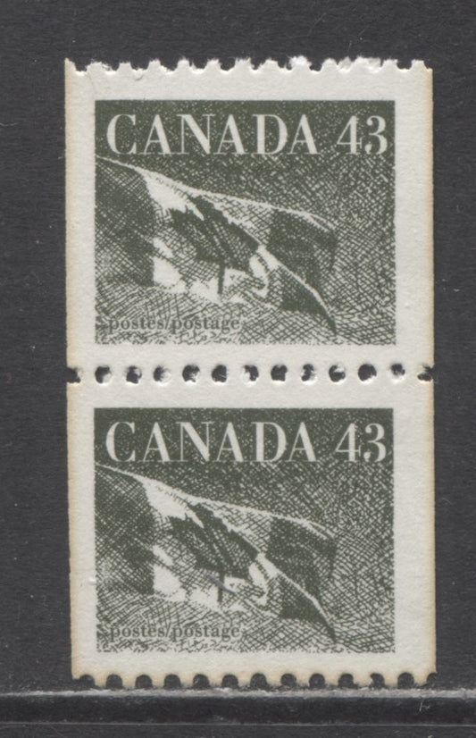 Lot 35 Canada #1394F 43c Olive Green Flags, 1992 Coil Issue, A VFNH Postal Forgery Pair With Minor Edge Toning