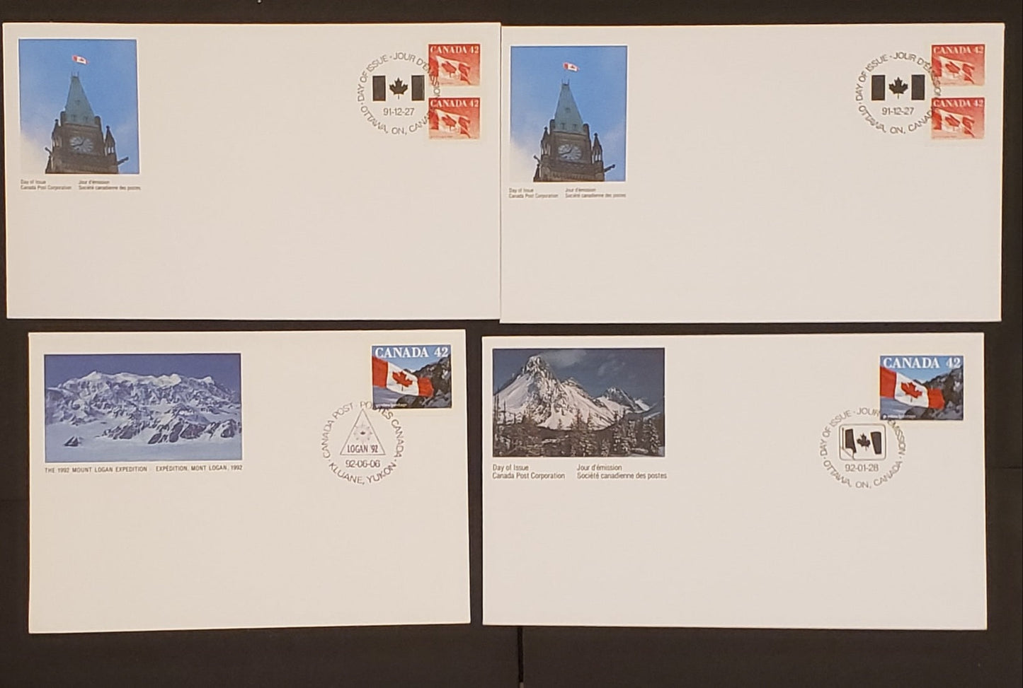 Canada #1388, 1394-1395 42c-43c Multicoloured Flags & Queen Elizabeth II 1991-1992 Fruit/Flag, 7 Canada Post First Day Covers Franked With Singles & Pairs, DF Paper, LF, MF & HF Envelopes, Cat. Value $9.3
