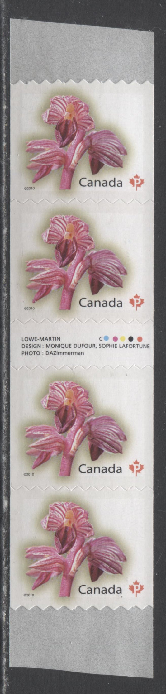 Canada #2357i P(57c) Multicolored Striped Coralroot, 2010 Flower Definitive Coils, A VFNH Gutter Strip Of 4