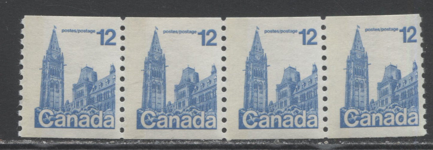 Canada #729T1 12c Blue Parliament, 1977-1978 First-Class Definitives - Coil Stamp Issue, A FNH Strip Of 4 On LF Paper With All Stamps Having G2aL Tagging Error $50