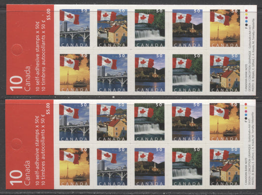 Canada #BK302Aa 50c Multicolored Flags Over Scenes, 2004-2005 Definitive Issues, 2 VFNH Booklets Of 10 With 29 Slit Roulette, Fasson Paper, HF Cover Types NA & QB $24