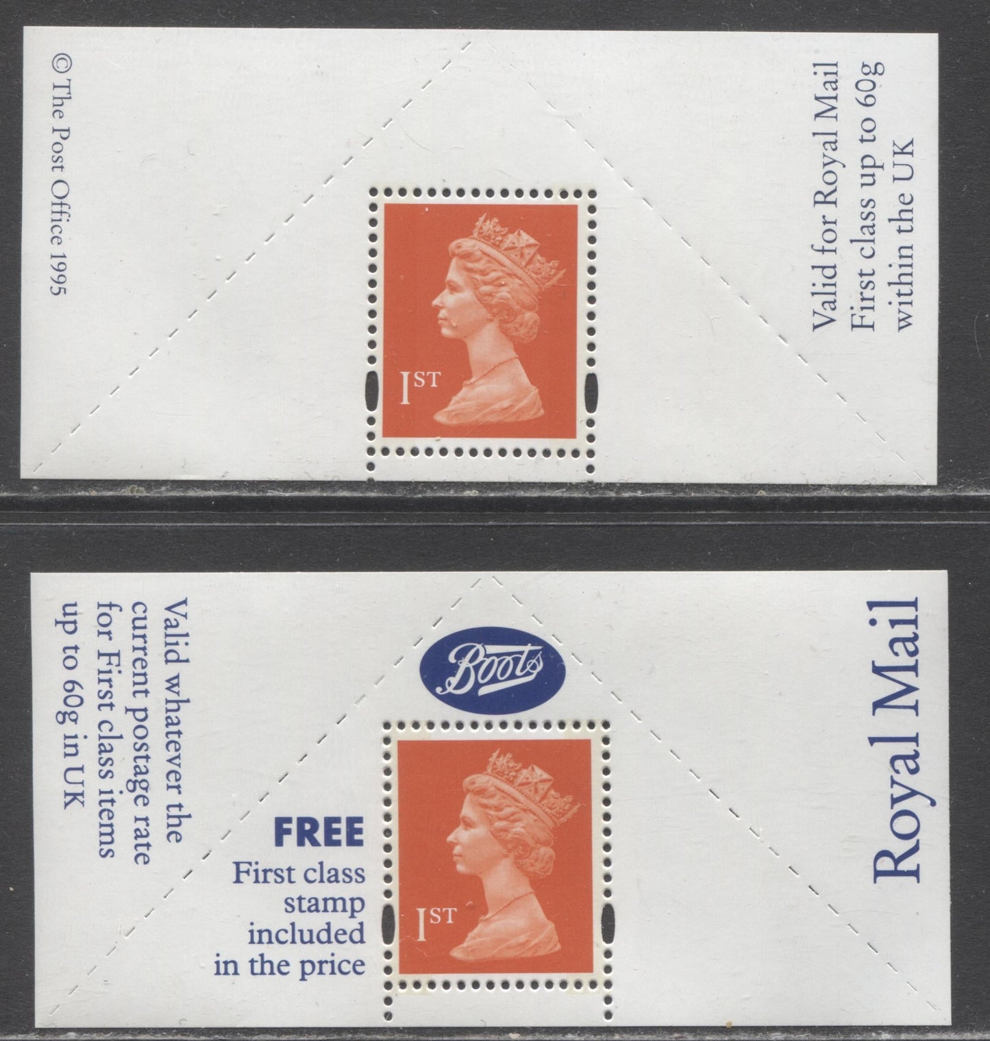 Great Britain 1671m, ma 1995 2 VFNH Panes Of 1 For Inclusion In Pre-packaged Greeting Cards With & Without Boots Logo, Lithographed By Questa, Tagged With Yellow Fluorescent & Light Bluish White Bands, Converted 2018 Gibbons Concise Cat.  $9