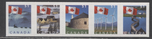 Lot 49 Canada #2139av 51c Multicolored Flag Over Dogslet, 2005 Flag Booklet Issue, A VFNH Strip Of 5 Booklet Stamps On DF/HF Fasson Paper With Strong Tagging $6