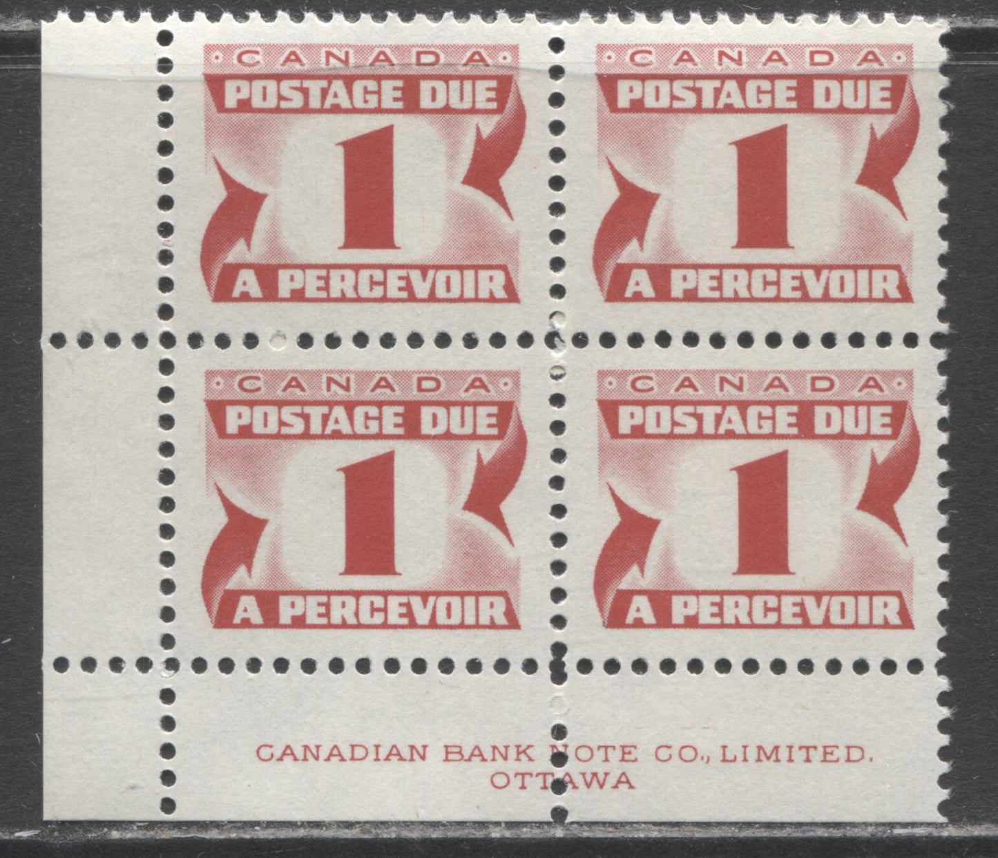 Canada #J28iii 1c Carmine Rose, 1973-1974 Third Centennial Red Postage Due Issue, A VFNH LL Inscription Block Of 4 On HB (MF-fl) Paper