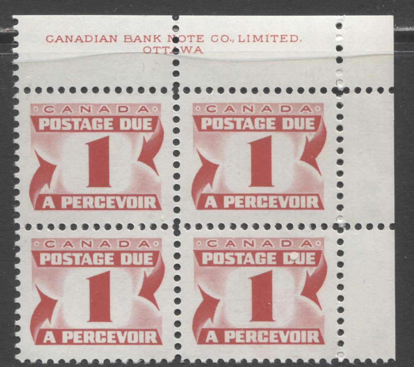 Canada #J28iii 1c Carmine Rose, 1973-1974 Third Centennial Red Postage Due Issue, A VFNH UR Inscription Block Of 4 On HB (MF-fl) Paper