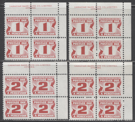 Canada #J28i,ii,J29i 1c & 2c Carmine Rose, 1973-1974 Third Centennial Red Postage Due Issue, 4 VFNH UR Inscription Blocks Of 4 With DF Ivory, DF Grayish Ribbed & LF Bluish White Ribbed Papers