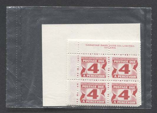 Canada #J31i 4c Carmine Rose 173-1974 Centennial Postage Dues Third Issue, Canada Post Sealed Pack of Plate Blocks on DF Paper, With DF Type 1A Insert Card, VFNH, Unitrade Cat. $100 For Blocks