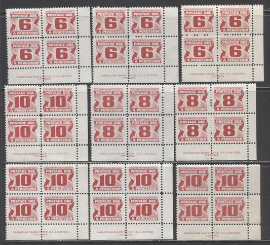 Canada #J33/J35i 6c,10c Carmine Rose, 1973-1974 Third Centennial Red Postage Due Issue, 9 VFNH Blocks Of 4 Showing Various Papers $22.5