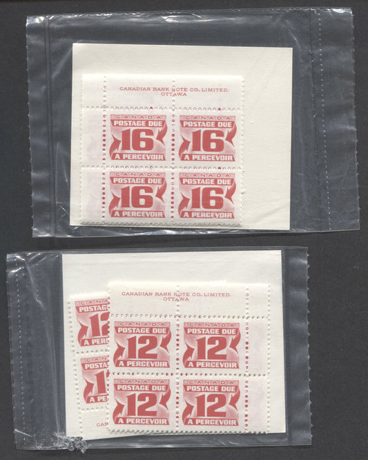 Canada #J36i,J37 12c,16c Carmine Rose 1973-1974 Third Centennial Red Postage Due Issue, Canada Post Sealed Packs of 4 Inscription Corner Blocks on DF, LF-fl Paper, With DF Type 1 Insert Card, VFNH, Unitrade Cat. $20