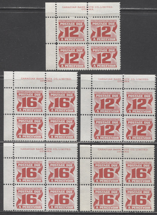 Canada #J36i,ii,J37,i 12c & 16c Carmine Rose, 1973-1974 Third Centennial Red Postage Due Issue, 5 VFNH UL Inscription Blocks Of 4 On DF, LF & Unlisted F Papers