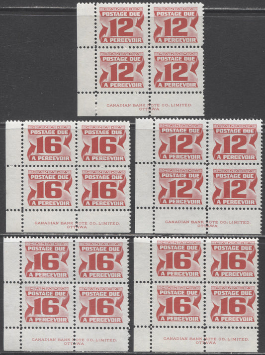 Canada #J36i,ii,J37,i 12c & 16c Carmine Rose, 1973-1974 Third Centennial Red Postage Due Issue, 5 VFNH LL Inscription Blocks Of 4 On DF, LF & Unlisted F Papers