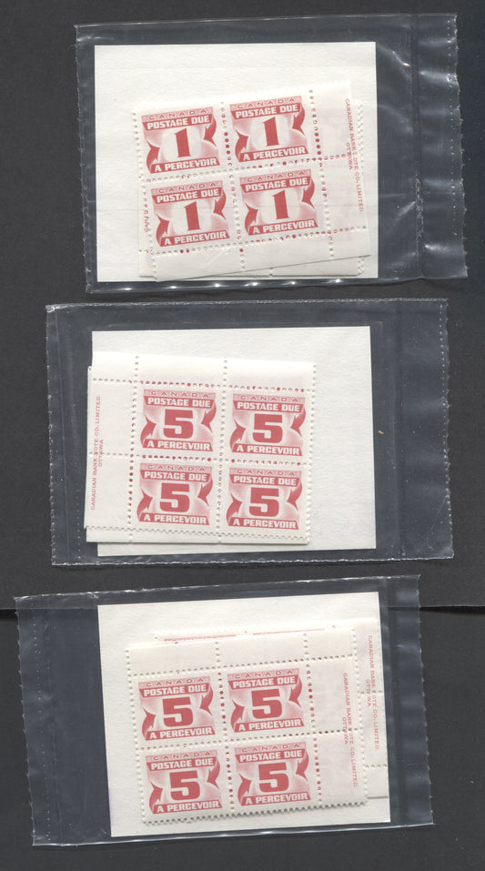 Canada #J28a, J32 1c & 5c Carmine Rose 1977-1978 Fourth Centennial Red Postage Due Issue, 3 Canada Post Sealed Packs of Inscription Blocks on DF Paper, With MF & HF Type 3A Insert Cards, VFNH, Unitrade Cat. $8