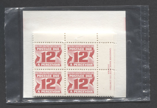 Canada #J36a 12c Carmine Rose 1977-1978 Fourth Centennial Red Postage Due Issue, Canada Post Sealed Pack of 10 UR Inscription Blocks on DF Paper, With DF Type Red 3A Insert Cards, FNH, Unitrade Cat. $75