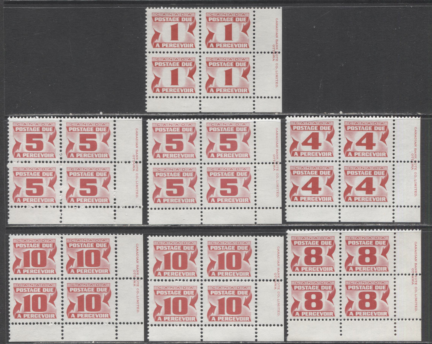 Canada #J28a-35aiii 1c-10c Carmine Rose, 1977-1978 Fourth Centennial Red Postage Due Issue, 7 VFNH LR Inscription Blocks Of 4 With Different Papers