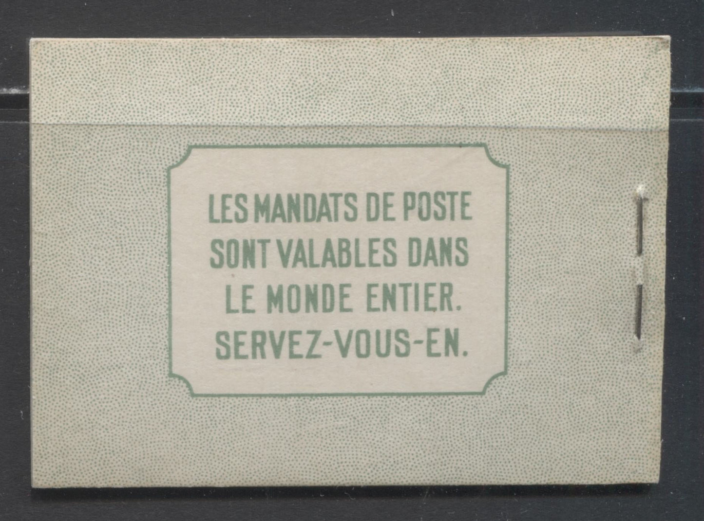 Lot 17 Canada #BK28bF 1937-1942 Mufti Issue, Complete 25c French Booklet, 4 Panes of 6 1c Green, No Rate Page, 17 mm Staple, Horizontal Ribbed Paper, Type 2 Covers, Harris Front Cover Type IIK