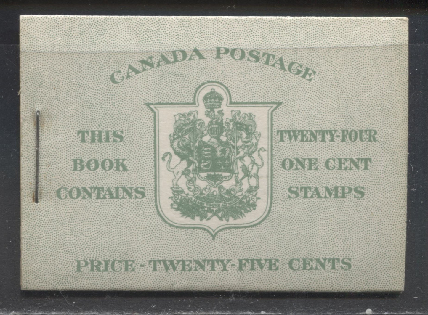 Canada #BK28cE 1937-1942 Mufti Issue, Complete 25c English Booklet, 4 Panes of 6 1c Green, 6c Rate Page, 17 mm Staple, Horizontal Ribbed Paper, Type 2 Covers, Harris Front Cover Type IIA