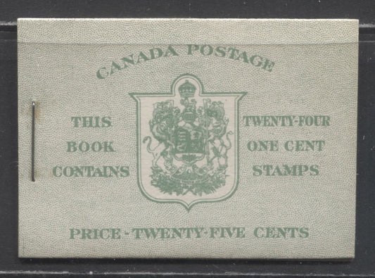 Lot 17 Canada #BK28cE 1937-1942 Mufti Issue, Complete 25c English Booklet, 4 Panes of 6 1c Green, 6c Rate Page, 17 mm Staple, Cutting Guideline LL Of Front Cover, Vertical Ribbed Paper, Type 2 Covers, Harris Front Cover Type IIB