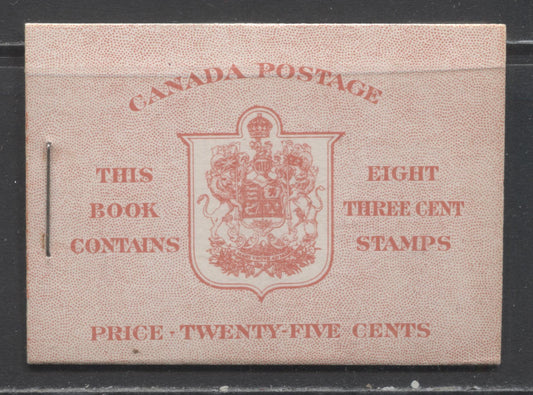 Canada #BK30cE 1937-1942 Mufti Issue, Complete 25c English Booklet, 2 Panes of 4 + 2 Labels of 3c Carmine, 6c Rate Page, Smooth Vertical Wove Paper, Type II, Front Cover Type IIe