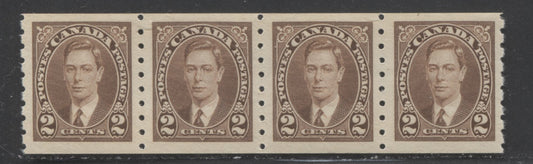 Lot 19 Canada #239 2c Brown King George VI, 1937 King George VI Coil Stamp Issue, A VFNH Strip Of 4 On Horizontal Wove Paper With Satin Sheen Cream Gum And Rotary Bar Perf $45