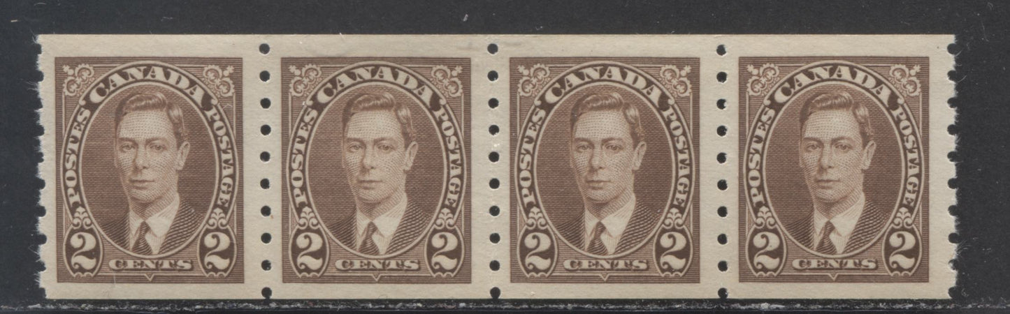 Canada #239 2c Brown King George VI, 1937 King George VI Coil Stamp Issue, A VFNH Strip Of 4 $45