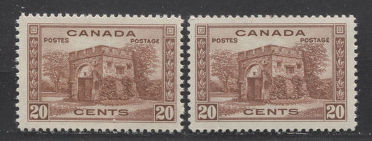Lot 16 Canada #243 20c Pale Red Brown & Pale Brown Red, 1938 Pictorial Issue, 2 FNH Singles On Vertical Wove(Mesh) Papers With Crackly Cream Gum
