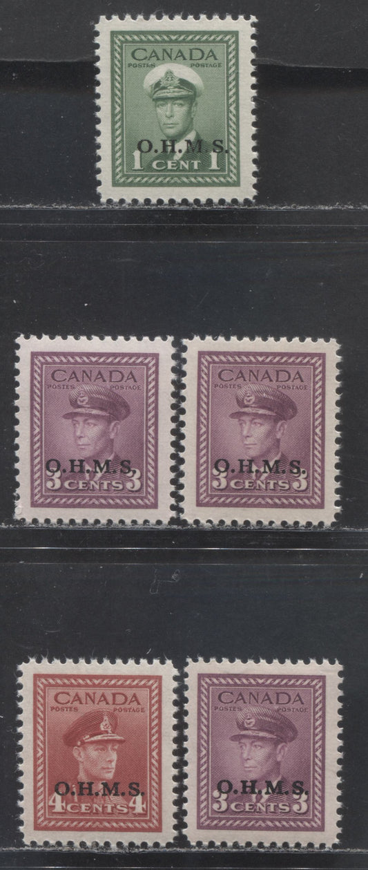 Canada #O1, O3-O4 1c, 3c-4c Green - Dark Carmine, 1942-1943 War Issue Overprints, 5 VFNH Singles On Horizontal Ribbed Paper With Streaky & Smooth Semi Glossy Cream Gums, Extra Shades Of 3c