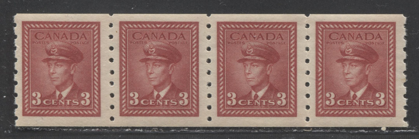 Canada #265 3c Bright Carmine Red King George VI, 1942-1943 King George VI Coil Stamps - War Issue, A VFNH Strip Of 4 On Horizontal Wove Paper With Cream Semi-Gloss Gum