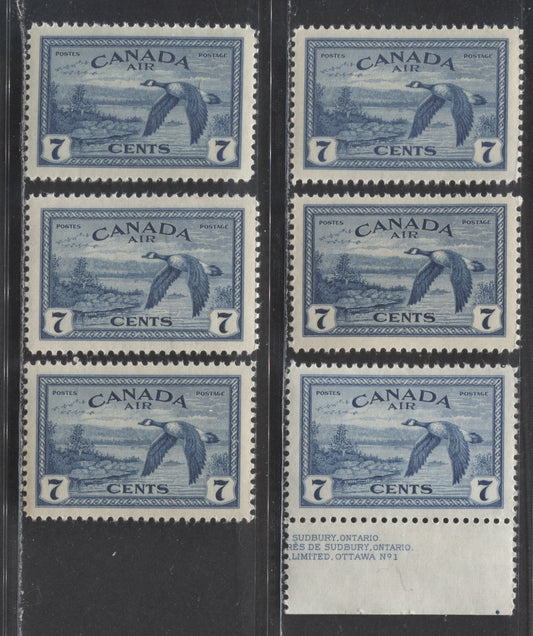 Canada #C9 7c Deep Blue Canada Goose, 1946 Air Mail Stamps - War Issue, 6 VFNH Singles Showing Different Shade, Paper And Gum Combinations