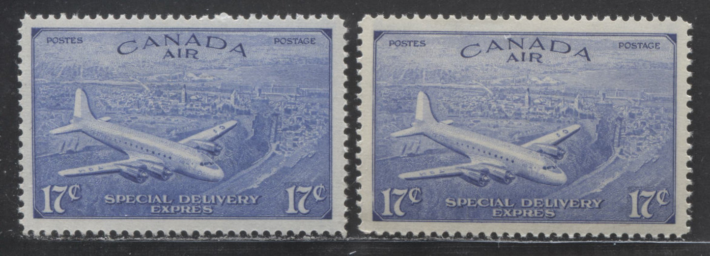 Lot 30 Canada #CE3 17c Ultramarine D.C 4-M Airplane, 1946 Air Mail Special Delivery Issue, 2 VFNH SIngles Different Shades On Horizontal Ribbed Paper