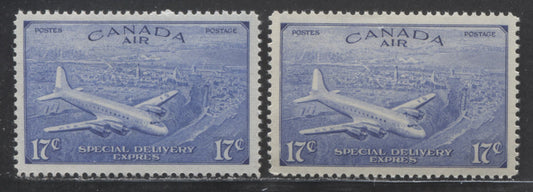 Lot 30 Canada #CE3 17c Ultramarine D.C 4-M Airplane, 1946 Air Mail Special Delivery Issue, 2 VFNH SIngles Different Shades On Horizontal Ribbed Paper