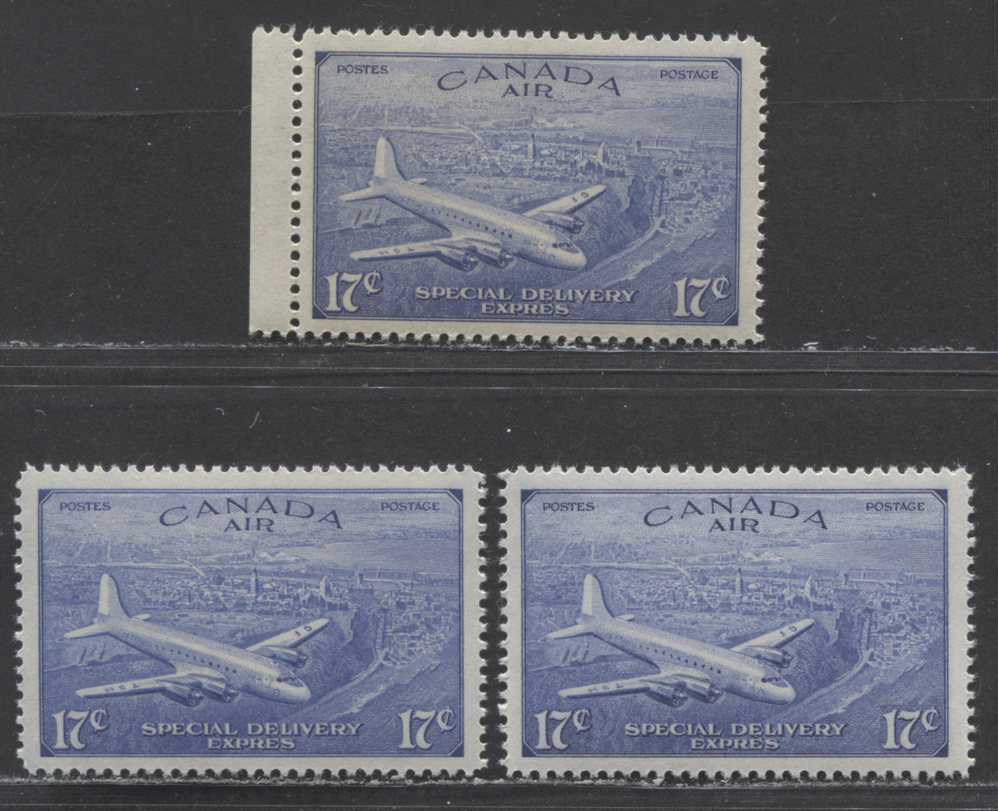 Lot 90 Canada #CE4 17c Ultramarine D.C 4-M Airplane, 1946 Air Mail Special Delivery Issue, 3 VFNH Singles Showing Different Shades And Gums