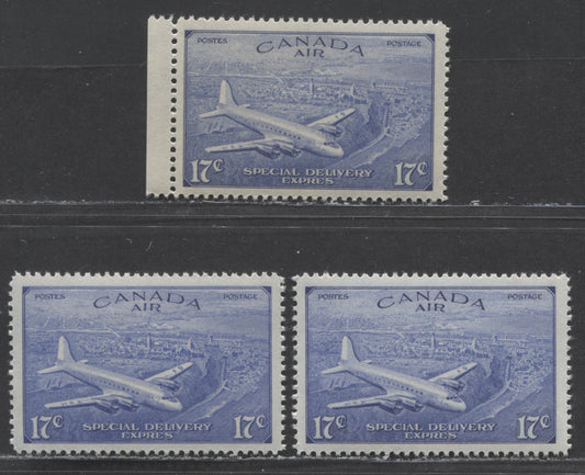 Lot 90 Canada #CE4 17c Ultramarine D.C 4-M Airplane, 1946 Air Mail Special Delivery Issue, 3 VFNH Singles Showing Different Shades And Gums