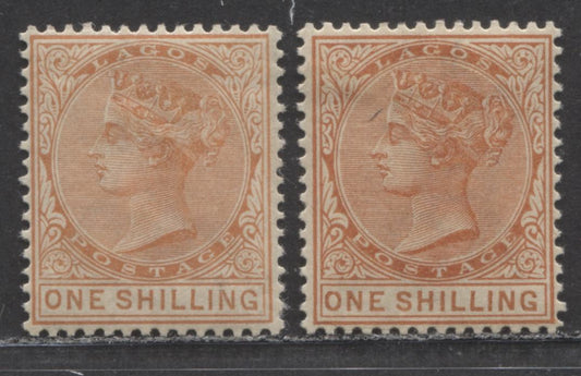 Lagos SC#31 1/- Orange & Brown Orange And Deep Orange & Brown Orange 1884-1886 Colour Changes, Crown CA Watermark, Perf 14 Comb, 2 VFOG Examples, Click on Listing to See ALL Pictures, 2022 Scott Classic Cat. $42 USD