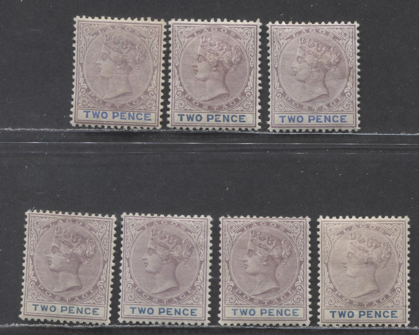 Lagos SC#18 2d Lilac & Blue, Lilac & Deep Greenish Blue, Lilac & Deep Blue And Lilac & Ultramarine 1887-1902 Bicolored, Crown CA Watermark, Perf 14 Comb, 7 VFOG Examples, All Different Printings, 2022 Scott Classic Cat. $59.5 USD