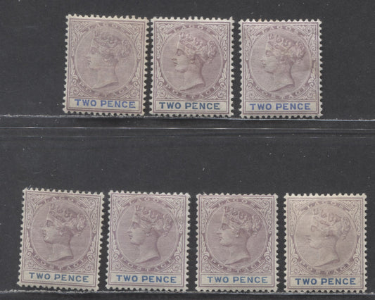 Lagos SC#18 2d Lilac & Blue, Lilac & Deep Greenish Blue, Lilac & Deep Blue And Lilac & Ultramarine 1887-1902 Bicolored, Crown CA Watermark, Perf 14 Comb, 7 VFOG Examples, All Different Printings, 2022 Scott Classic Cat. $59.5 USD