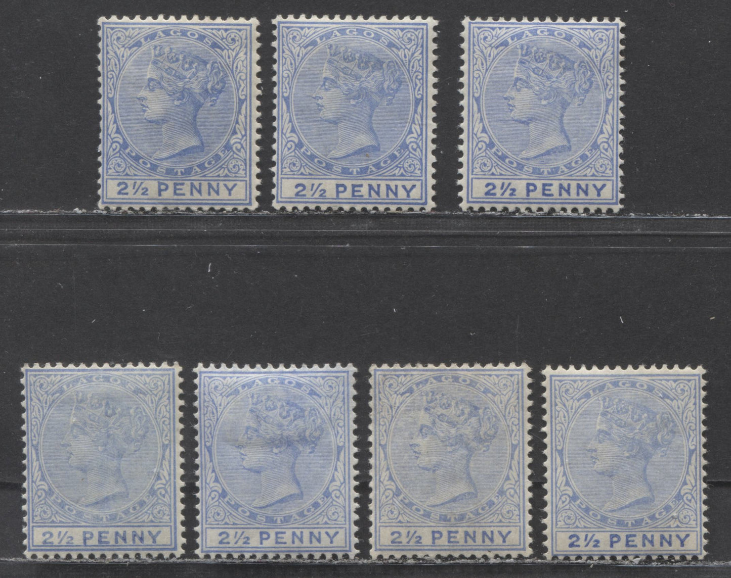 Lagos SC#19 2 1/2d Ultramarine, Pale Ultramarine & Royal Blue 1887 - 1902 Queen Victoria, All With Head And Duty Plates Being Different Colour Combinations  And Smaller Letters Of Value, 7 VFOG Examples, 2022 Scott Classic Cat. $56 USD